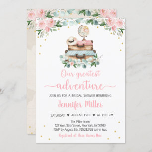 Invitación Adventure Pink Gold Floral Travel Bridal Shower