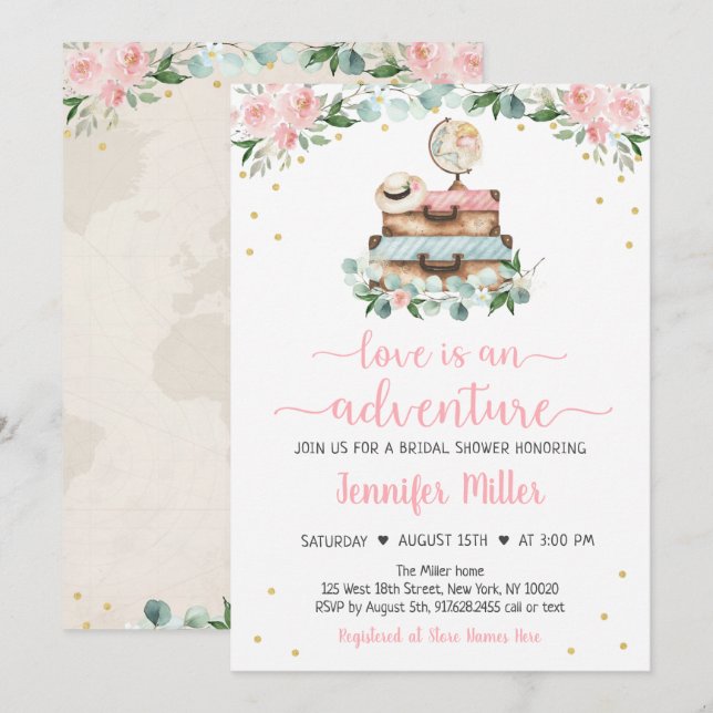 Invitación Adventure Pink Gold Floral Travel Briower In (Anverso / Reverso)