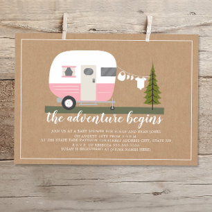 Invitación Adventure Pink Trailer Camper Woodland Baby Shower