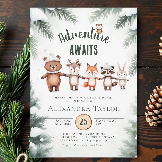 Invitación Adventure Snow Woodland Animals Winter Baby Shower (winter baby shower invitation adventure awaits woodland animals cute watercolor snow cold forest)
