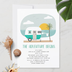 Invitación Adventure Turquoise Camper Beach Baby Shower