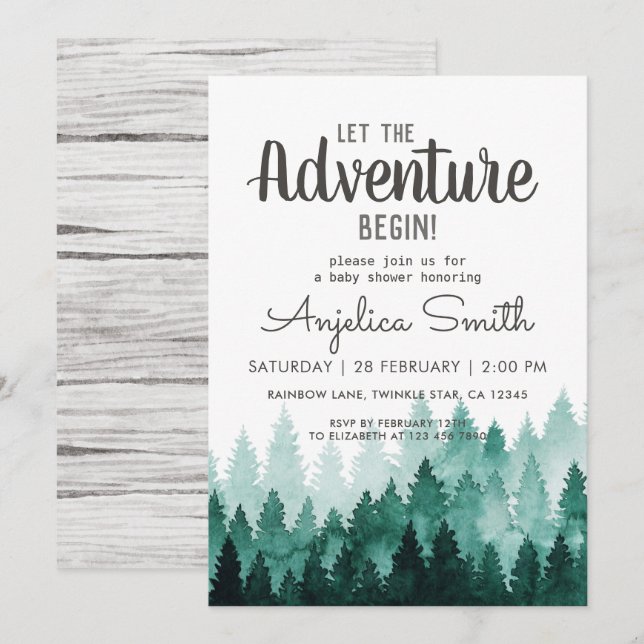 Invitación Adventure Watercolor Rustic Woodland Baby Shower (Anverso / Reverso)