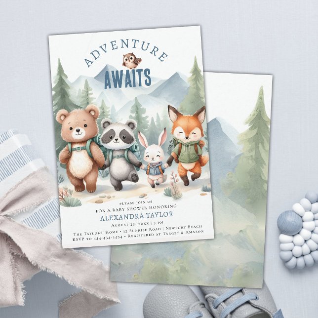 Invitación Adventure Woodland Animals Hiking Boy Baby Shower (woodland boy baby shower invitation adventure mountain forest cute animals hiking watercolor)