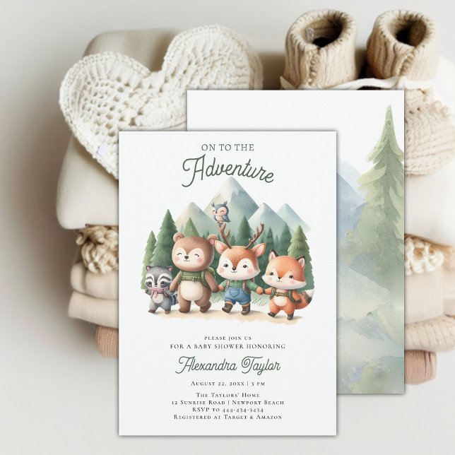 Invitación Adventure Woodland Animals Neutral Baby Shower (woodland adventure gender neutral baby shower invitation mountain forest cute animals hiking modern)