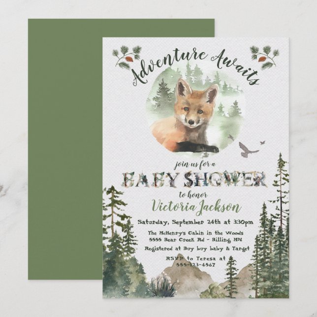 Invitación Adventure Woodland Baby Fox Forest Baby Shower (Anverso / Reverso)