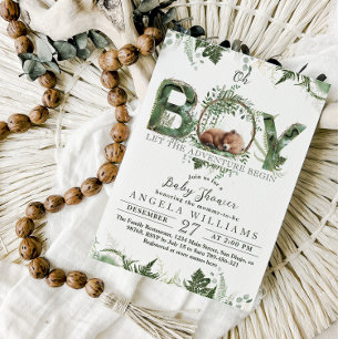 Invitación Adventure Woodland Bear Baby Boy Shower
