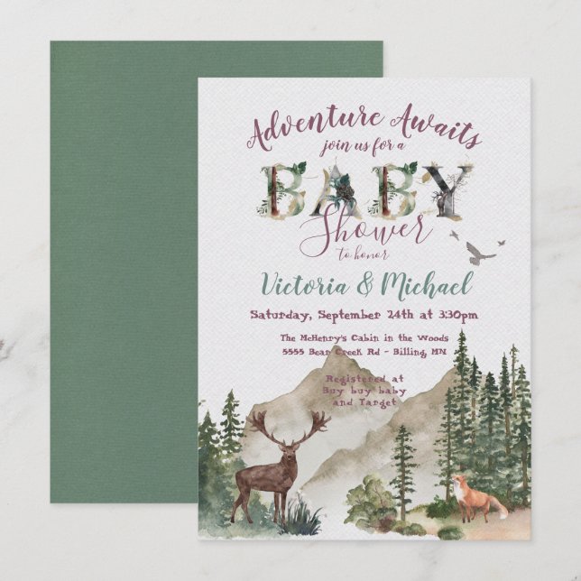 Invitación Adventure Woodland Mountain Baby Shower (Anverso / Reverso)