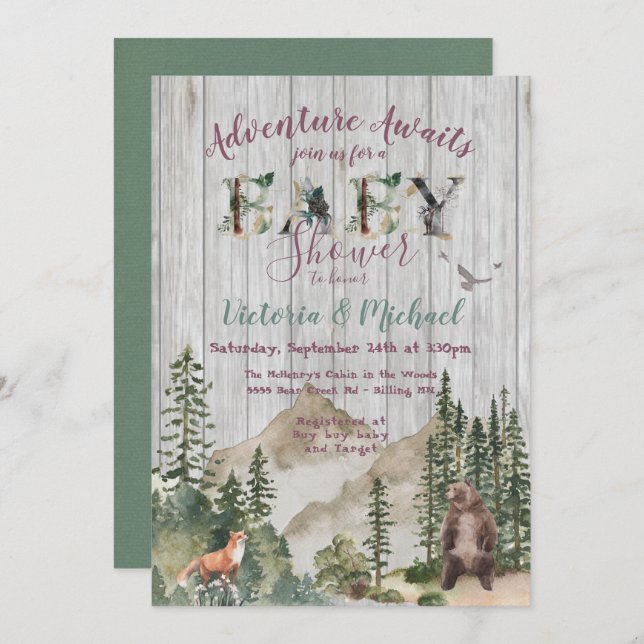 Invitación Adventure Woodland Mountain Baby Shower (Anverso / Reverso)