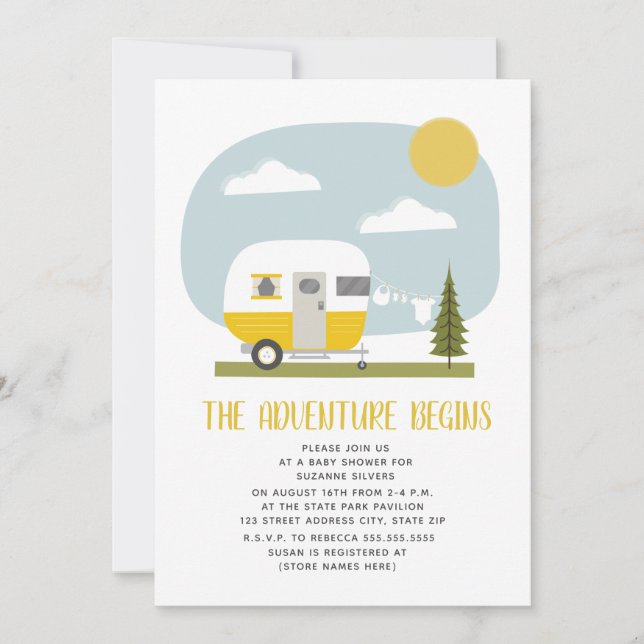 Invitación Adventure Yellow Camper Clothesline Baby Shower (Anverso)