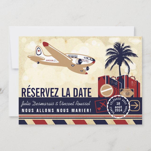 Invitación Aerolínea Mariage de Destination Réservez la Date (Anverso)