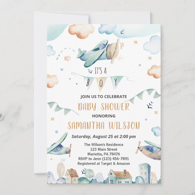 Invitación Aeronaves de Personalizado acuático Baby Shower (Anverso)