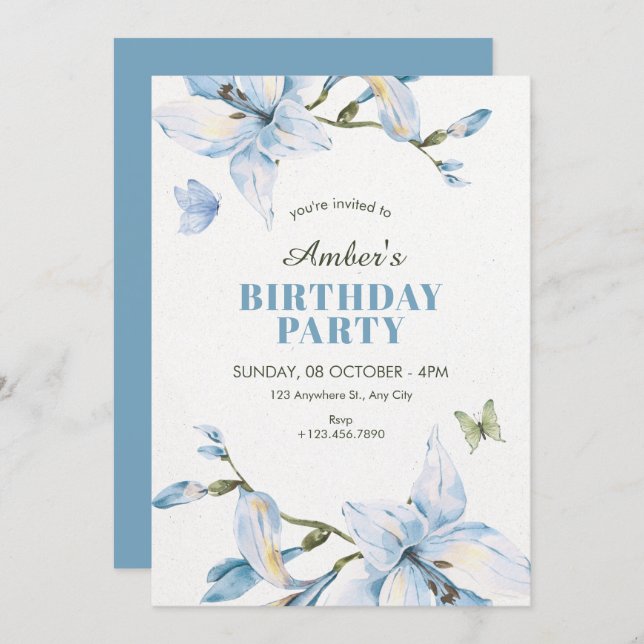 Invitación Aesthetic blue flower bloom birthday (Anverso / Reverso)
