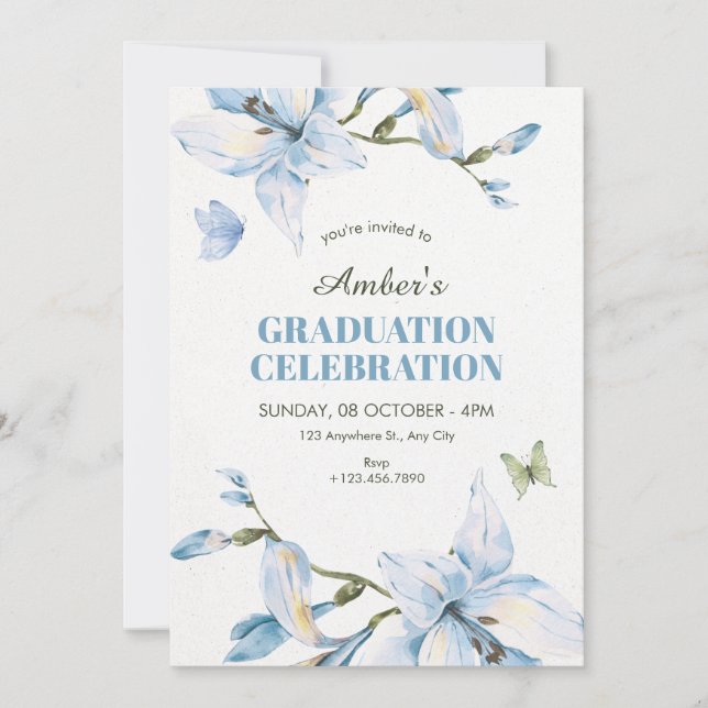 Invitación Aesthetic blue flower bloom graduation (Anverso)