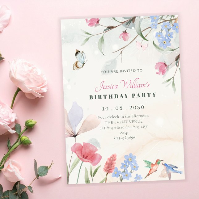 Invitación Aesthetic garden floral, bird, butterfly birthday (Subido por el creador)
