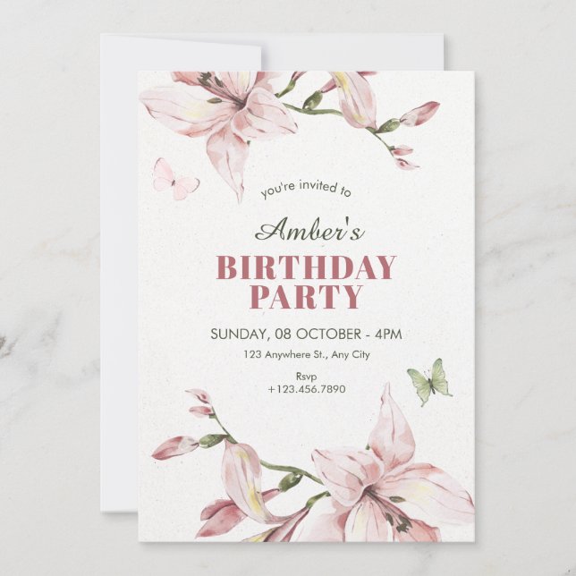 Invitación Aesthetic pink flower bloom birthday (Anverso)