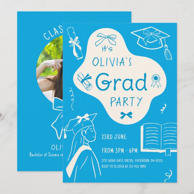 Invitación Aesthetic Whimsical Hand Drawn Graduation Party  (Anverso / Reverso)