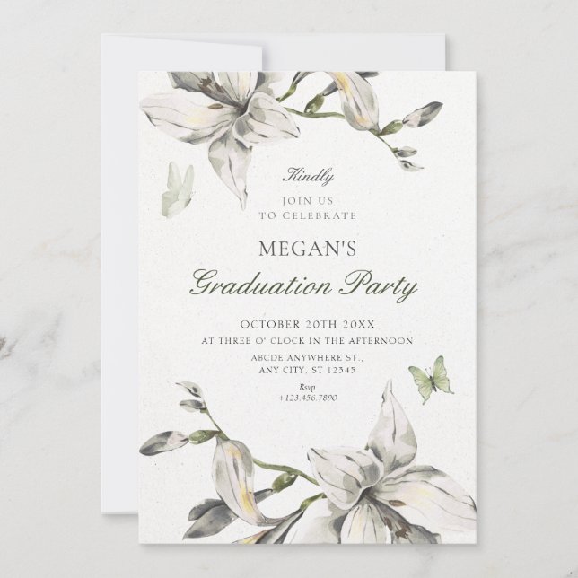 Invitación Aesthetic white grey flower bloom graduation (Anverso)