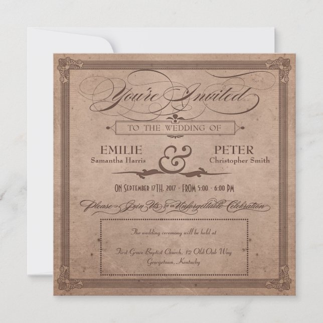 Invitación Afiche de época Boda y recepción de cacao rústico (Anverso)