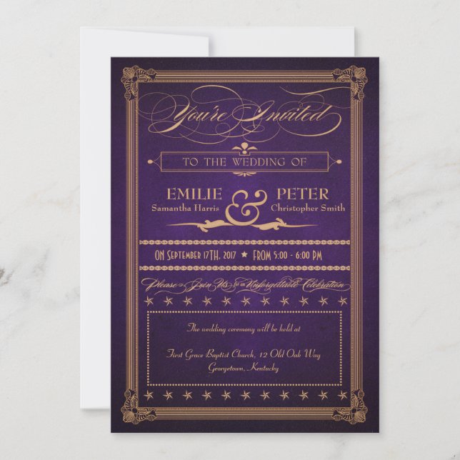 Invitación Afiche de época Boda y recepción morado oscuro (Anverso)