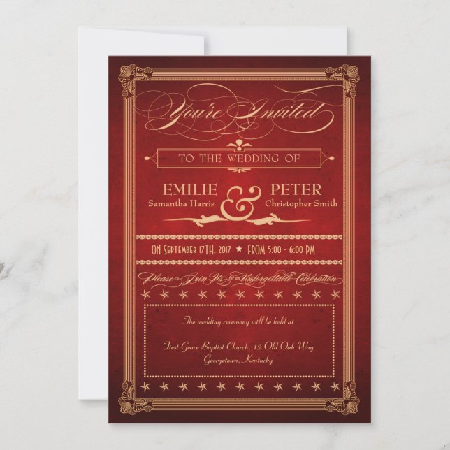 Invitación Afiche de época Boda y recepción rojas exuberantes (Anverso)