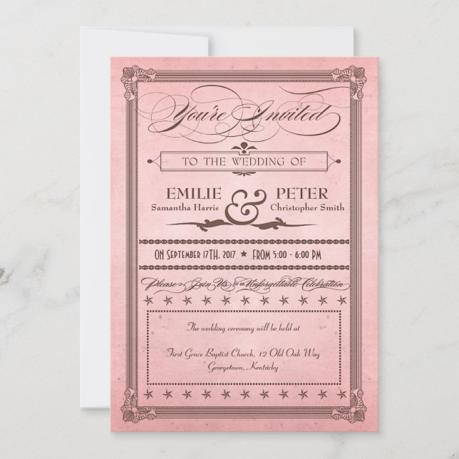 Invitación Afiche de época Boda y recepción rosa y marrón (Anverso)