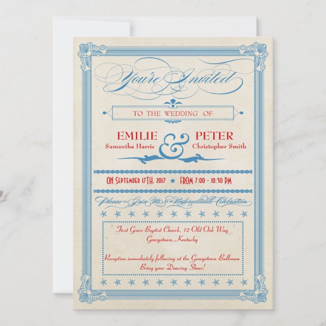 Invitación Afiche de época rojo, blanco y azul Boda (Anverso)