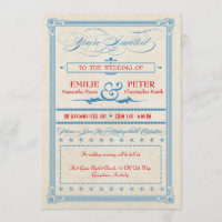Afiche de época rojo, blanco y azul Boda