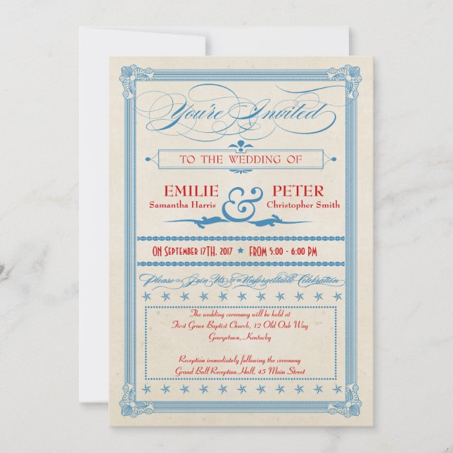 Invitación Afiche de época rojo, Boda blanco y azul, RSVP (Anverso)