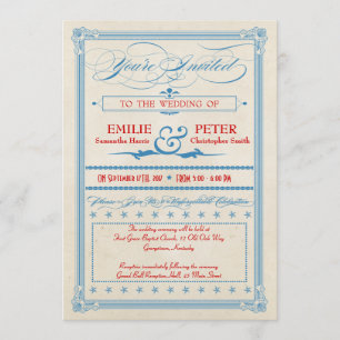 Invitación Afiche de época rojo, Boda blanco y azul, RSVP