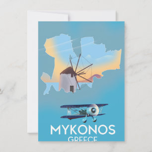 Invitación Afiche de viaje del Mapa de Grecia de Mykonos