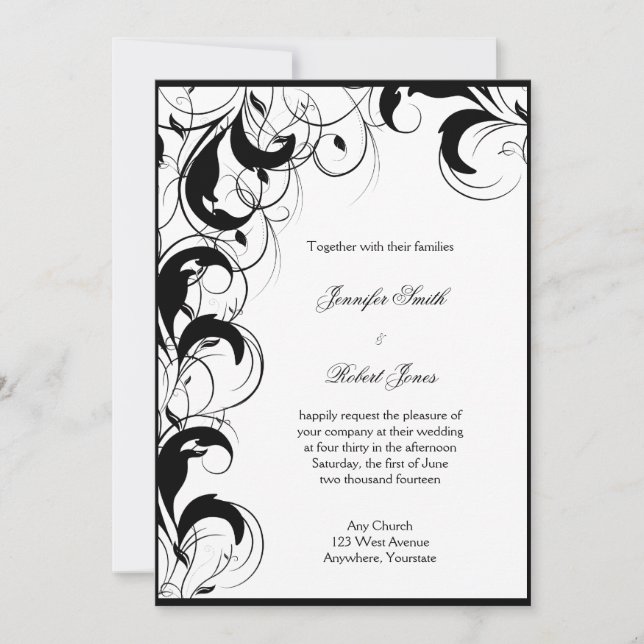 Invitación afiligranada blanca negra de la boda (Anverso)