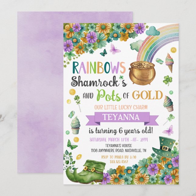 Invitación Afortunada olla de oro con flor de arcoiris (Anverso / Reverso)