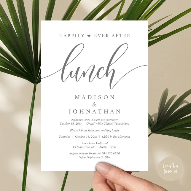 Invitación Afortunadamente Desde El Almuerzo, Post Boda (Happily Ever After Lunch, Wedding Party Invitation Card PDF Modern Beautiful Dark Grey)
