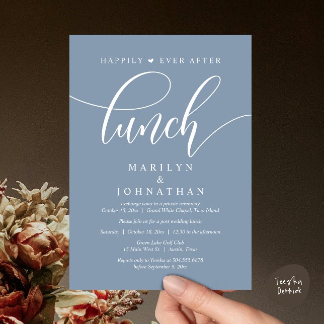 Invitación Afortunadamente Desde El Almuerzo, Post Boda (Happily Ever After Lunch, Wedding Party Invitation Card PDF Modern Romantic Beautiful Dusty Blue)