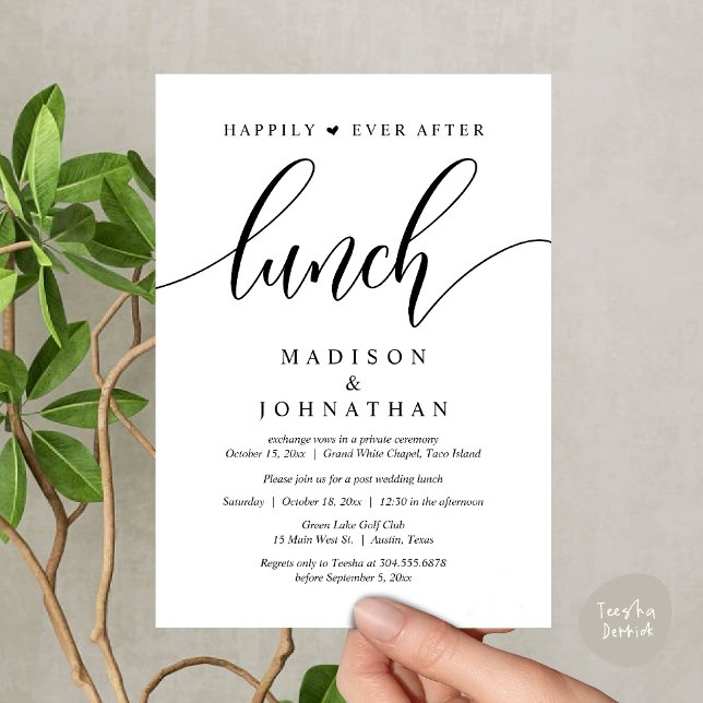 Invitación Afortunadamente Desde El Almuerzo, Post Boda (Happily Ever After Lunch, Wedding Party Invitation Card PDF Modern Romantic White Black)
