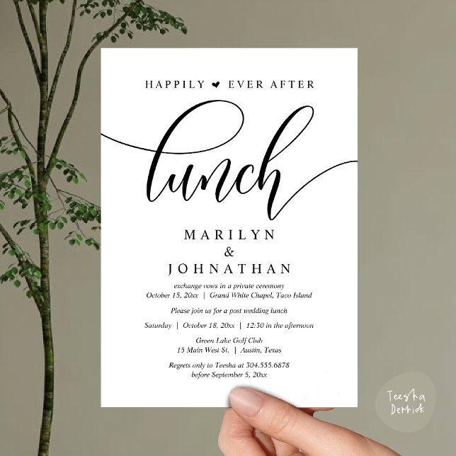 Invitación Afortunadamente Desde El Almuerzo, Post Boda (Happily Ever After Lunch, Wedding Party Invitation Card PDF Modern Romantic White Black)