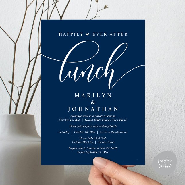 Invitación Afortunadamente Desde El Almuerzo, Post Boda (Happily Ever After Lunch, Wedding Party Invitation Card PDF Modern Romantic Navy Blue)
