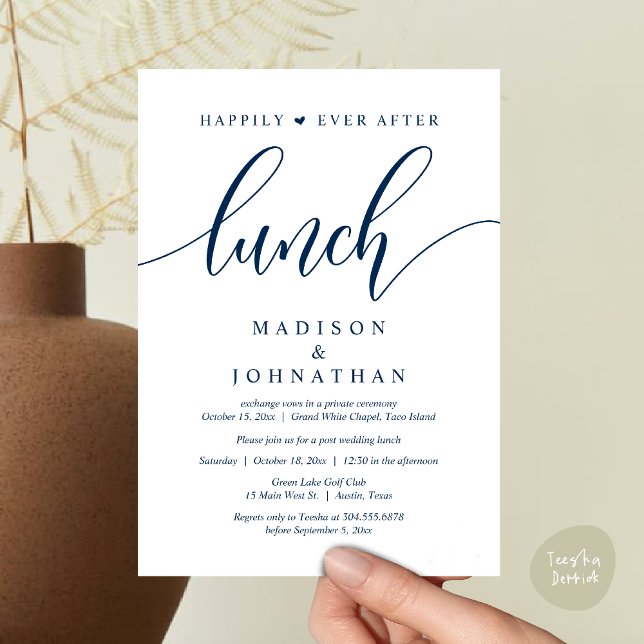 Invitación Afortunadamente Desde El Almuerzo, Post Boda (Happily Ever After Lunch, Wedding Party Invitation Card PDF Modern Romantic Navy Blue)