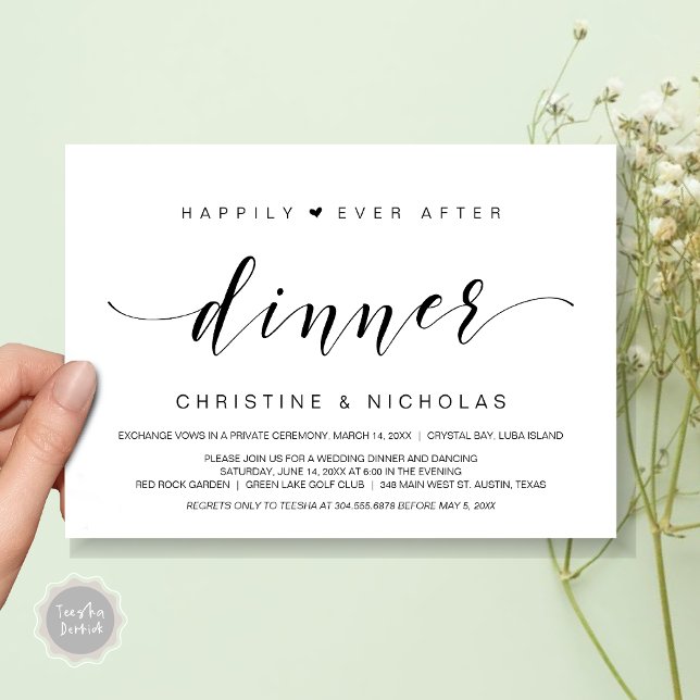 Invitación Afortunadamente después, Boda Elopement Dinner (Happily Ever After Dinner Invitation Card, PDF, Modern Wedding Elopement, Heart, Black and White)