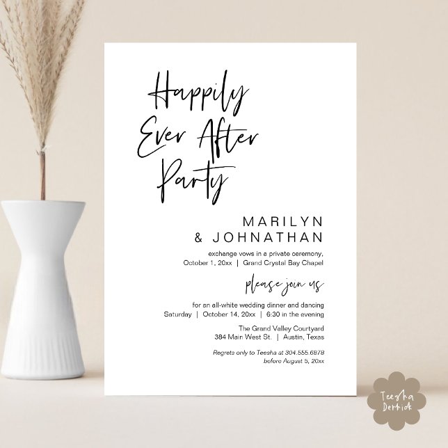 Invitación Afortunadamente Después, Boda Elopement Fiesta (Happily Ever After Party Invitation Card PDF Modern Wedding Dinner Dancing Black White )