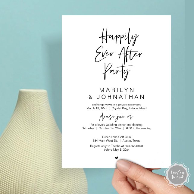 Invitación Afortunadamente Después, Boda Elopement Fiesta (Happily Ever After, Wedding Elopement Modern Summer Party Invitation Card, PDF, in Black White)