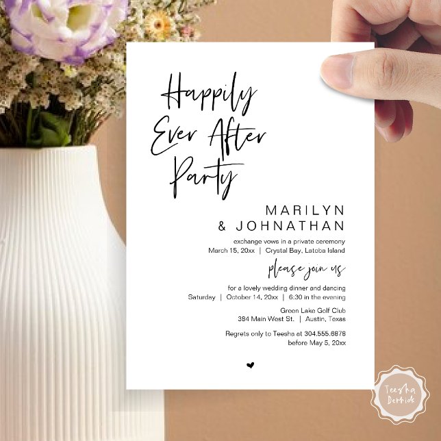Invitación Afortunadamente Después, Boda Elopement Fiesta (Happily Ever After, Wedding Elopement Modern Summer Party Invitation Card, PDF, in Black White)