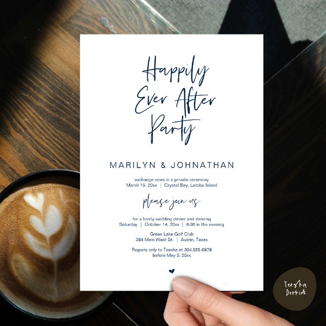 Invitación Afortunadamente Después, Boda Elopement Fiesta (Happily Ever After, Wedding Elopement Modern Summer Party Invitation Card, PDF, in Navy Blue)