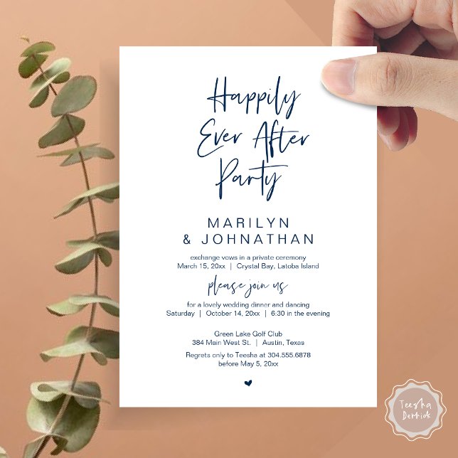 Invitación Afortunadamente Después, Boda Elopement Fiesta (Happily Ever After, Wedding Elopement Modern Summer Party Invitation Card, PDF, in Navy Blue)