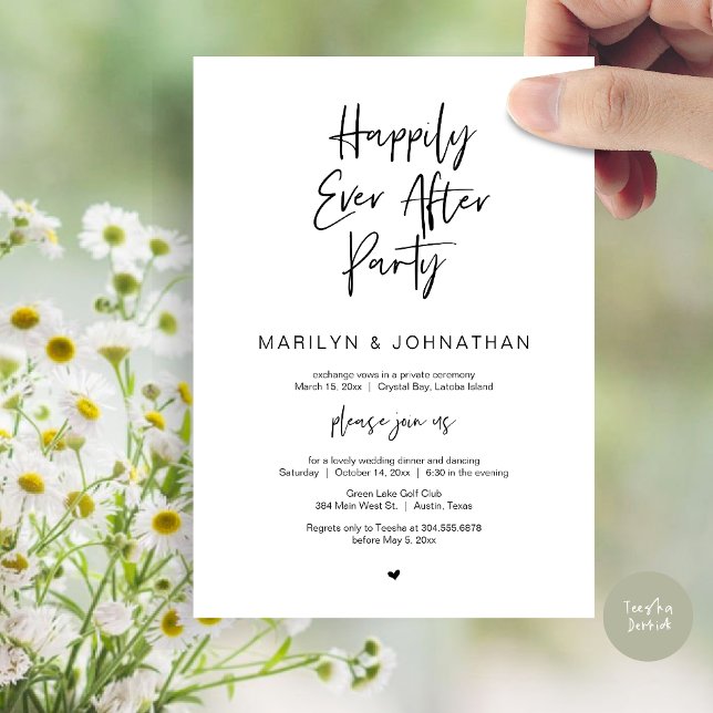 Invitación Afortunadamente Después, Boda Elopement Fiesta (Happily Ever After, Wedding Elopement Modern Summer Party Invitation Card, PDF, in Black White)