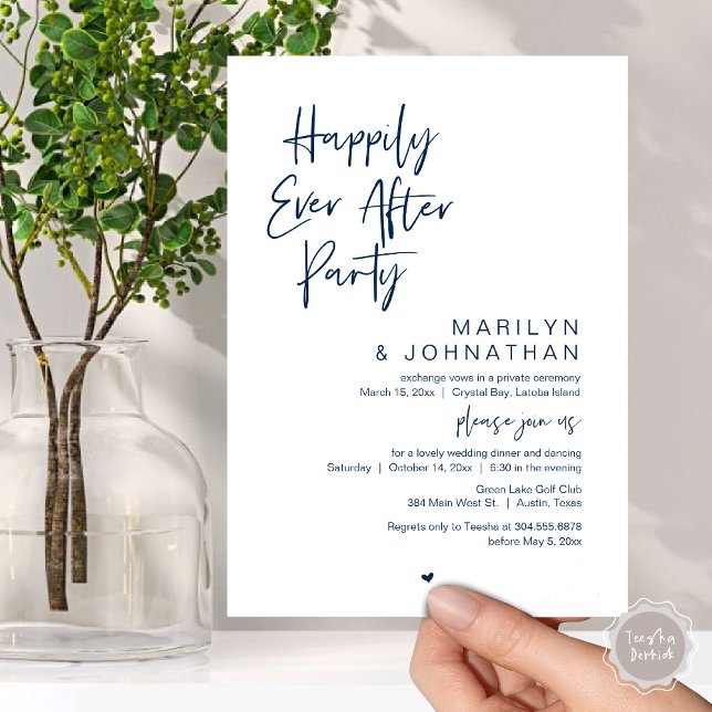 Invitación Afortunadamente Después, Boda Elopement Fiesta (Happily Ever After, Wedding Elopement Modern Summer Party Invitation Card, PDF, in Navy Blue)