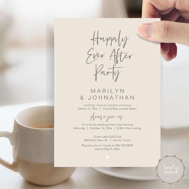 Invitación Afortunadamente Después, Boda Elopement Fiesta (Happily Ever After, Wedding Elopement Modern Summer Party Invitation Card, PDF, in Cream Dark Grey)
