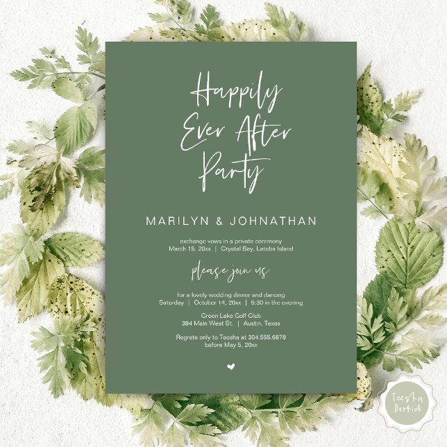 Invitación Afortunadamente Después, Boda Elopement Fiesta (Happily Ever After, Wedding Elopement Modern Summer Party Invitation Card, PDF, in Forest Sage Green)