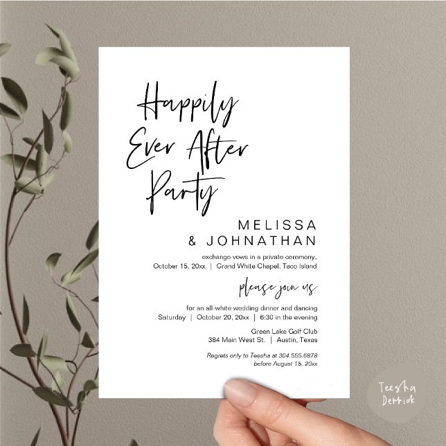 Invitación Afortunadamente Después, Boda Elopement Fiesta (Happily Ever After Party Invitation Card, PDF, Wedding Elopement Dinner Brunch Lunch, White Black)