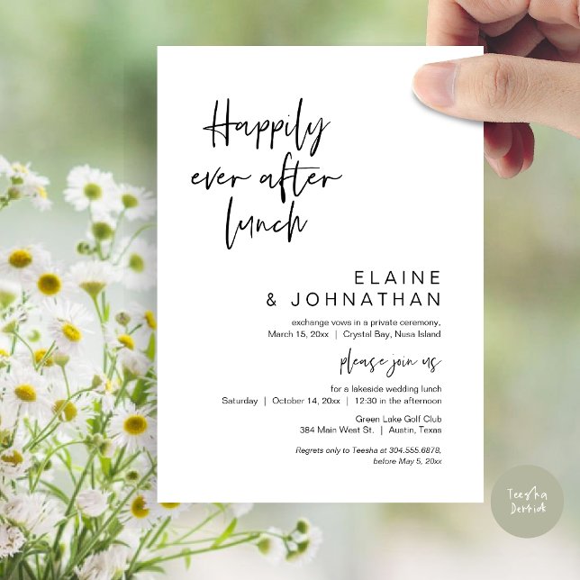 Invitación Afortunadamente Después De Brunch, Boda Elopement (Happily Ever After Lunch, Modern Wedding Elopement Party Invitation Card, PDF, in Black and White)